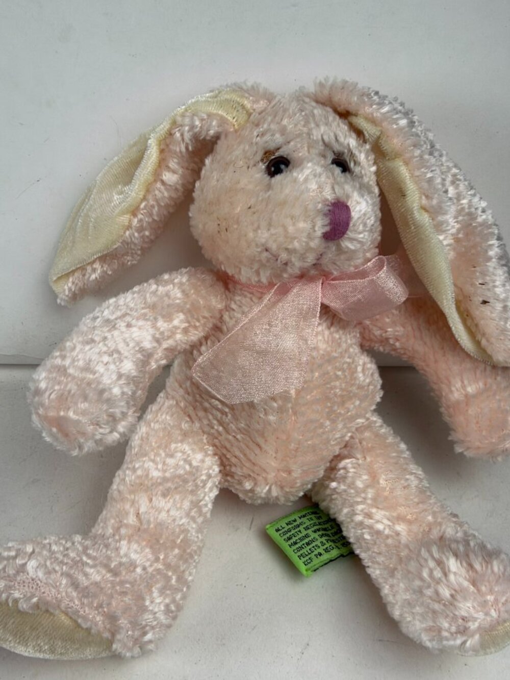 Vintage Cuddles Pink Bunny Rabbit Plush Stuffed Animal Floppy Ears Bow Stain 6"